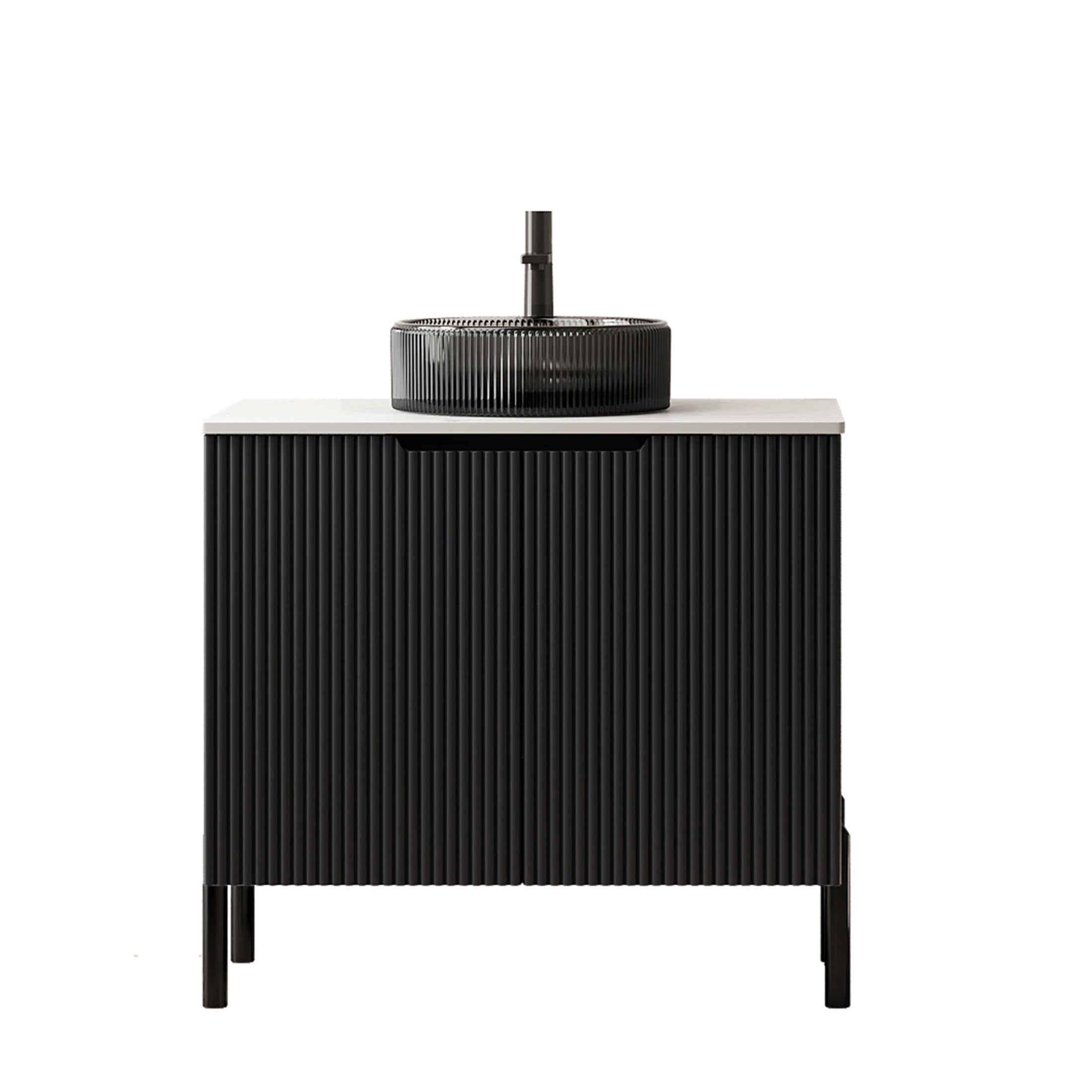 Noble House TURIO 30" Bathroom Vanity with Sintered Stone Countertop, Storage Cabinet, Black Glass Round Basin, Black