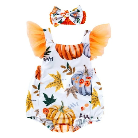 

Fanvereka Newborn Baby Girl Halloween Romper Pumpkin Ruffle Sleeveless Bodysuit