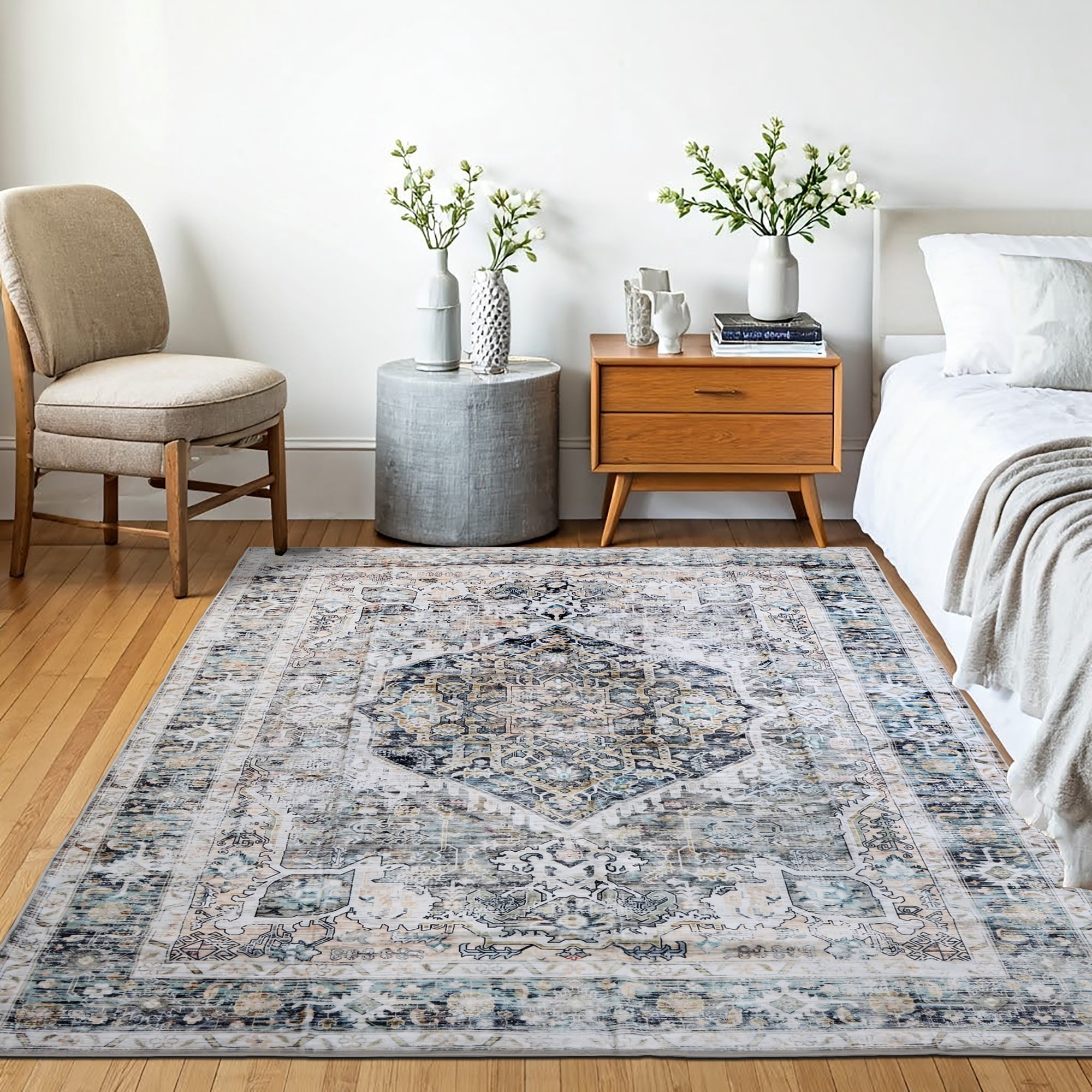 Delara 5'x7' Machine Washable Area Rug, Soft & Durable, Non-Slip, Stain Resistant, Antique Mist, for Bedroom, Living & Dining Room