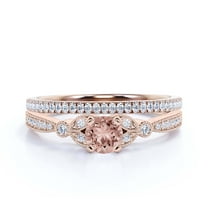 Bridal Set 2.00 Carat Round Cut Morganite And Diamond Moissanite Engagement Ring, Matching Wedding Band in 925 Sterling Silver With 18k Rose Gold Plating, Leaf Ring, Promise Ring, Anniversary Gift