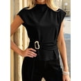 thumbnail image 5 of Women's Cap Sleeve Blouses Mock Neck Shirts Buckle Tunic Business Tops Blouse Shirt Top for Summer Spring Casual Work Black L, 5 of 9