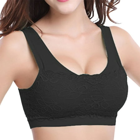 

HEVIRGO Wide Shoulder Strap Yoga Bra U-Shaped Back Wireless Sport Fitness Lace Push Up Stretchy Bra for Jogging Black M