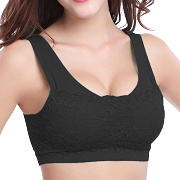 HEVIRGO Wide Shoulder Strap Yoga Bra U-Shaped Back Wireless Sport Fitness Lace Push Up Stretchy Bra for Jogging,Black M