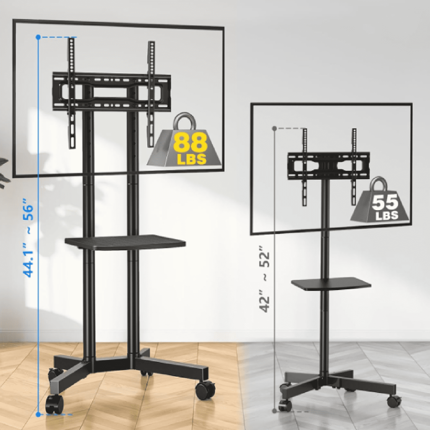 Rolling TV Stand with Laptop Shelf, Mobile TV Stand with Upgraded Wheels for 32-75 Inch TVs, Height Adjustable Mobile TV Cart up to 88lbs, Portable TV Mount Stand for Outdoor, Home, Office