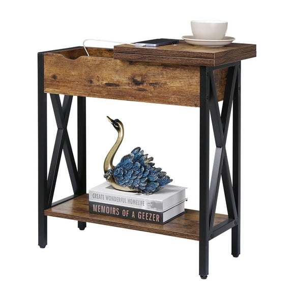 ZENSTYLE End Table w/ Charging Station Flip Top Narrow Side Table X-design for Living Room