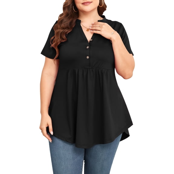 TARAINYA Women Plus Size Flutter Short Sleeve Henley Neck Top Loose Casual