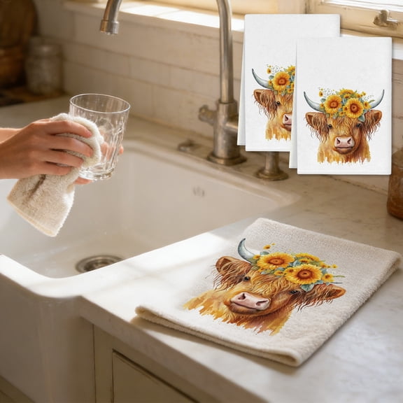 Highlands Cow Kitchen Towels, 2 Pack, 25.9x17.7 Inches, Absorbent Dish Cloths, Farmhouse Decor