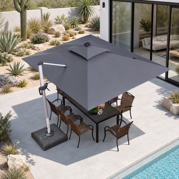 PURPLE LEAF 9 x 12FT Rectangular Double Top Deluxe Solar Powered LED Patio Umbrella Outdoor Cantilever Umbrella, Gray