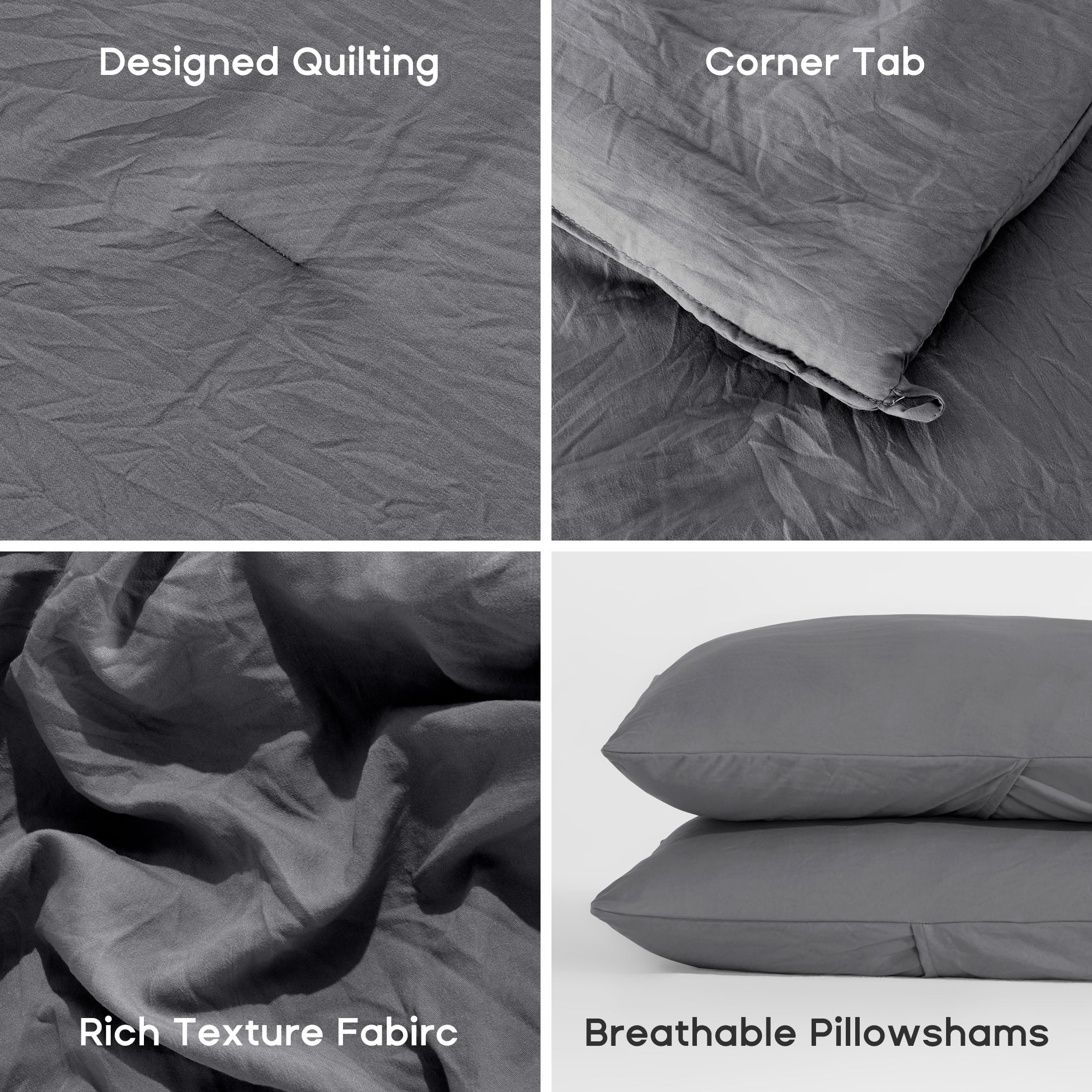 Sonive Washed Comforter Sets Queen 3 Piece, Soft and Cozy, Fluffy Microfiber Fill, Washed Textured Wrinkled Design (Dark Grey)
