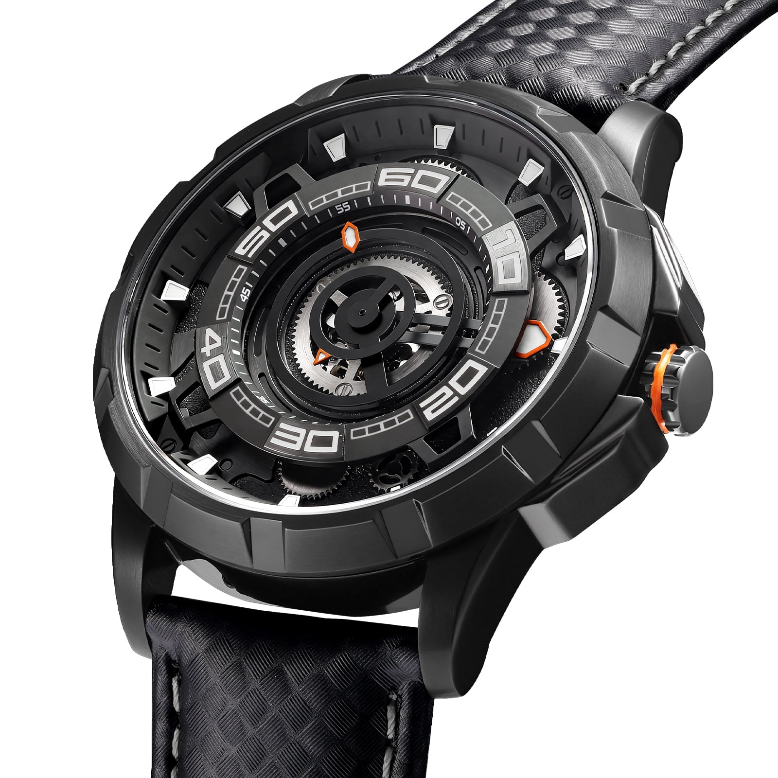 BERNY Mens Skeleton Automatic Watch, Luxury Fashion Self Winding Mechanical Watch with Leather Strap, Exhibition Caseback, Sapphire Crystal, Luminous 50M Waterproof Watches for Mens Gifts (Balck)