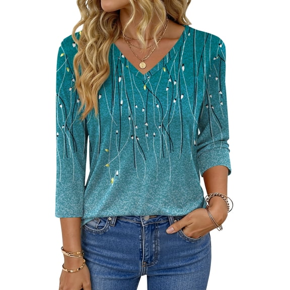 Fantaslook V Neck T Shirts for Women 3/4 Sleeve Tunic Tops Dressy Casual Blouses Boho Basics Tee Summer Fall Clothes