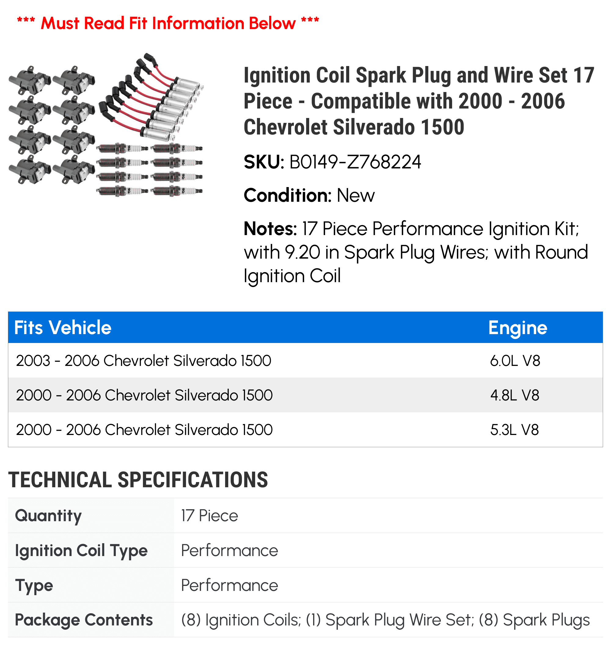Ignition Coil Spark Plug and Wire Set 17 Piece - Compatible with 2000 - 2006 Chevy Silverado 1500 2001 2002 2003 2004 2005