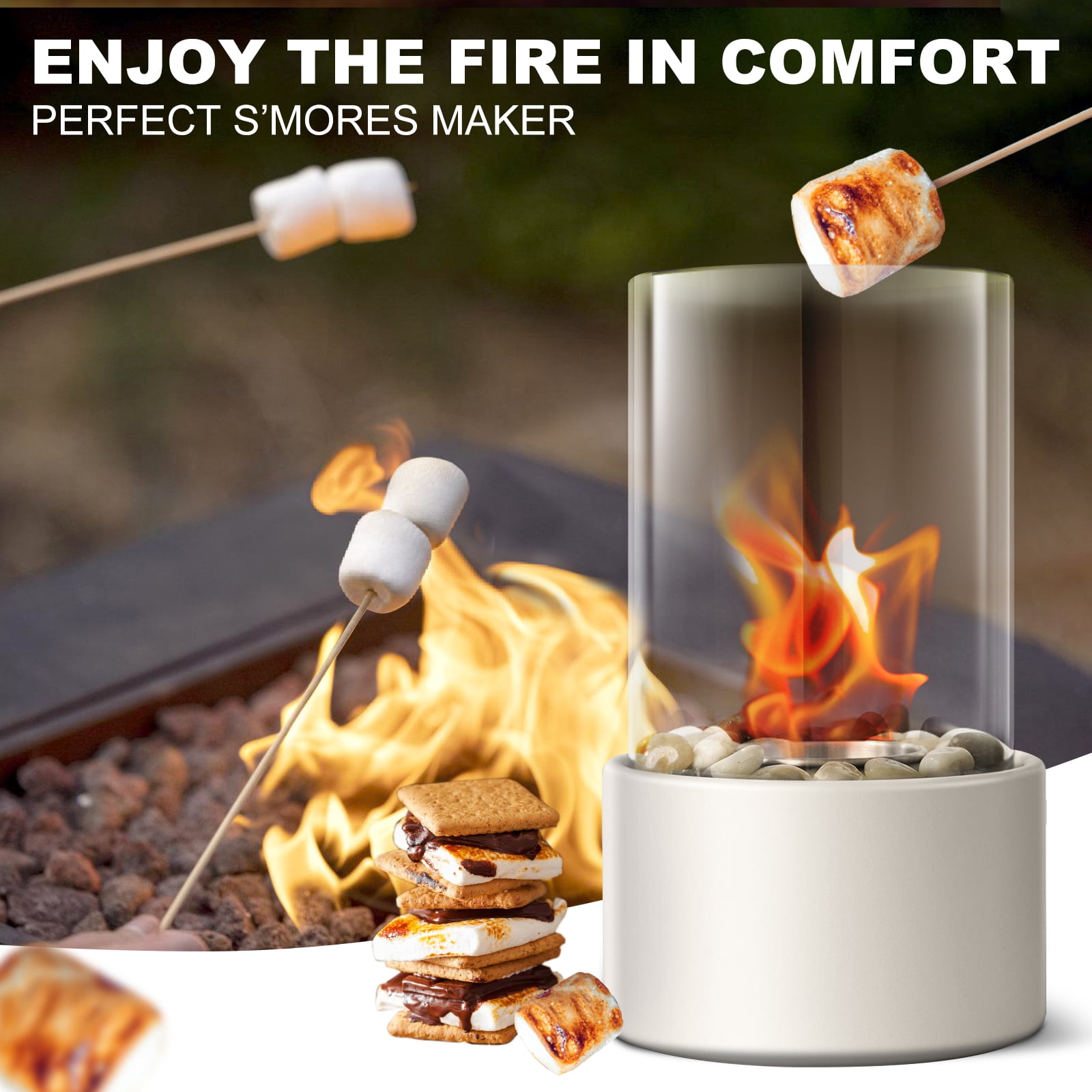 Portable Tabletop Fire Pit with 3 Combustion Charmbers,Indoor & Outdoor Table Top Firepit Bowl, Mini Fireplace with Cobblestones for Modern Home Decoration