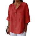 thumbnail image 2 of Womens Cotton Linen Button Down Shirts Casual Summer V Neck 3/4 Sleeve Solid Color Loose Fit Tunic Tops Vacation Tee Red XL, 2 of 7