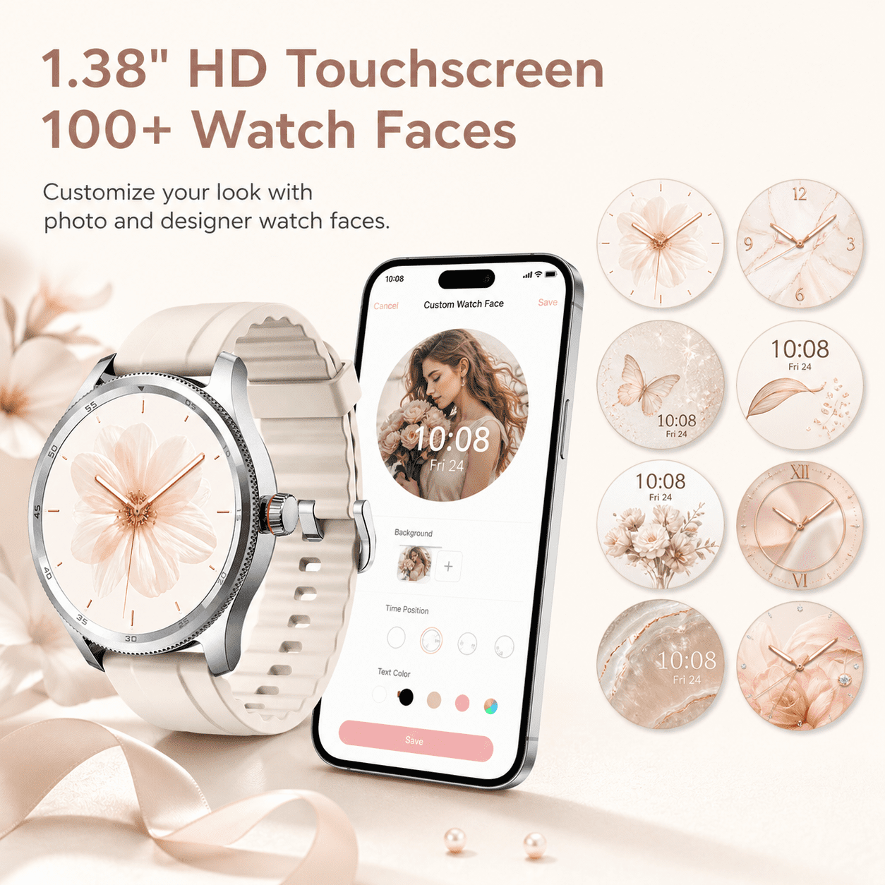 MiracoRun Women’s Smart Watch for iPhone & Android, 1.39" Round Touchscreen, Bluetooth Calling & Texts, Women’s Health Tracking- Cream