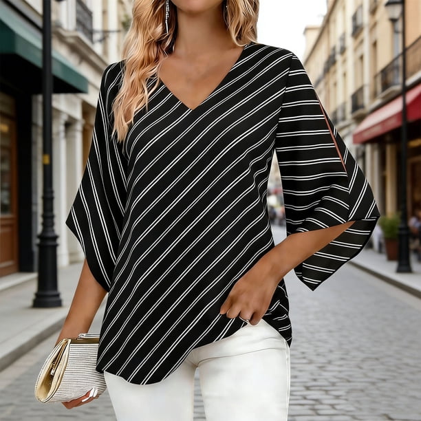 TaTaai Women's Fashion Striped Print Elegant V-Neck Three-Quarter Sleeve Top Gift
