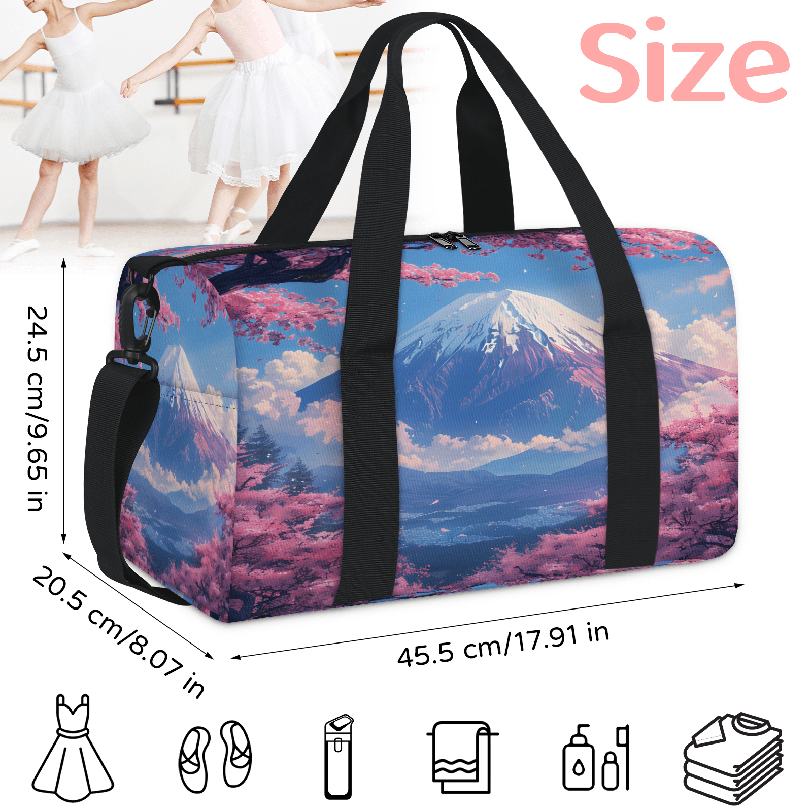 Herdesigns Asian Japanese Travel Duffle Bag Sports Yoga Weekender Overnight Carry on Workout Bags Lightweight Waterproof Gym Tote Bag for Women Cherry Blossom Mount Fuji