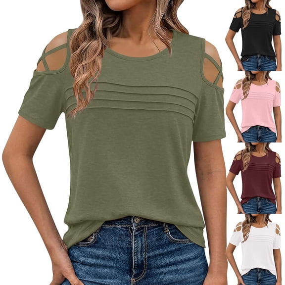 VBVC Women's Crisscross Cold Shoulder T-Shirt,Ladies Casual Pleated Front Short Sleeve Top,Summer Crew Neck Breathable Blouse for Women,Black,S-2XL