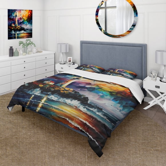 Designart "Majestic Lighthouse Overlooking the Ocean V" Beach Light House Bedding Covert Set - Coastal Light House Purple Coastal Bed Set With 1 Sham