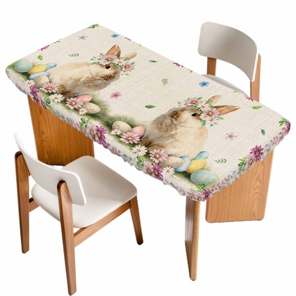 Easter Cute Bunny Table Cloths for 3 Foot Rectangle Tables, Eggs Spring Daisy Flowers Vintage Patio Waterproof Elastic Fitted Tablecloths, Washable Rectangular Table Cover for Camping