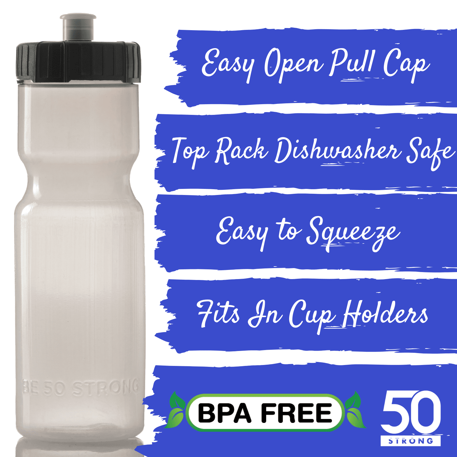50 Strong Sports Squeeze Water Bottle 2 Pack 22 oz BPA Free Easy Open Push//Pu