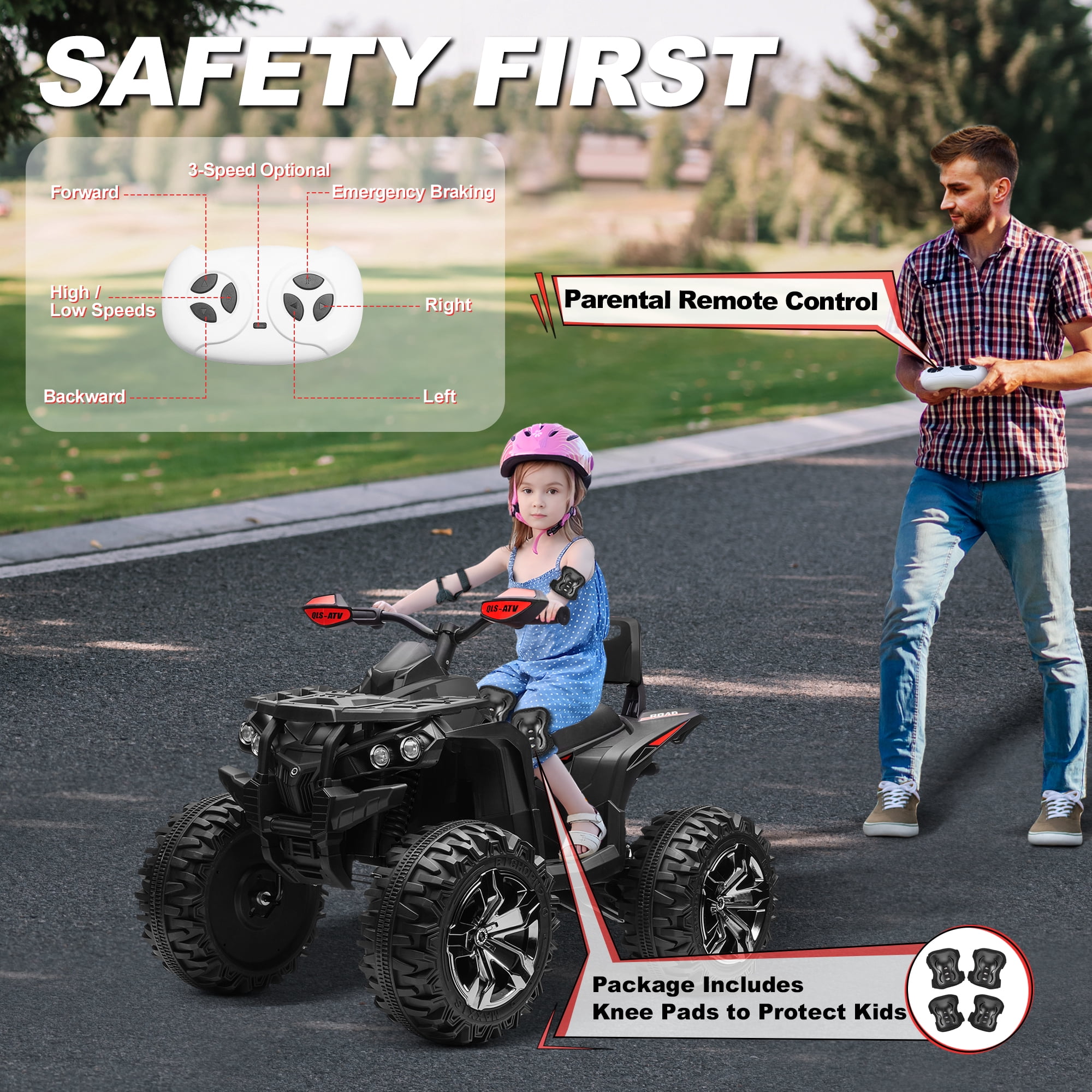 800W Dirt Quad w/ Remote Control - 24V Powered Ride on ATV, Electric Powerful 4-Wheeler for Big Kids, Up to 5.5 mph, Knee Pads, Black