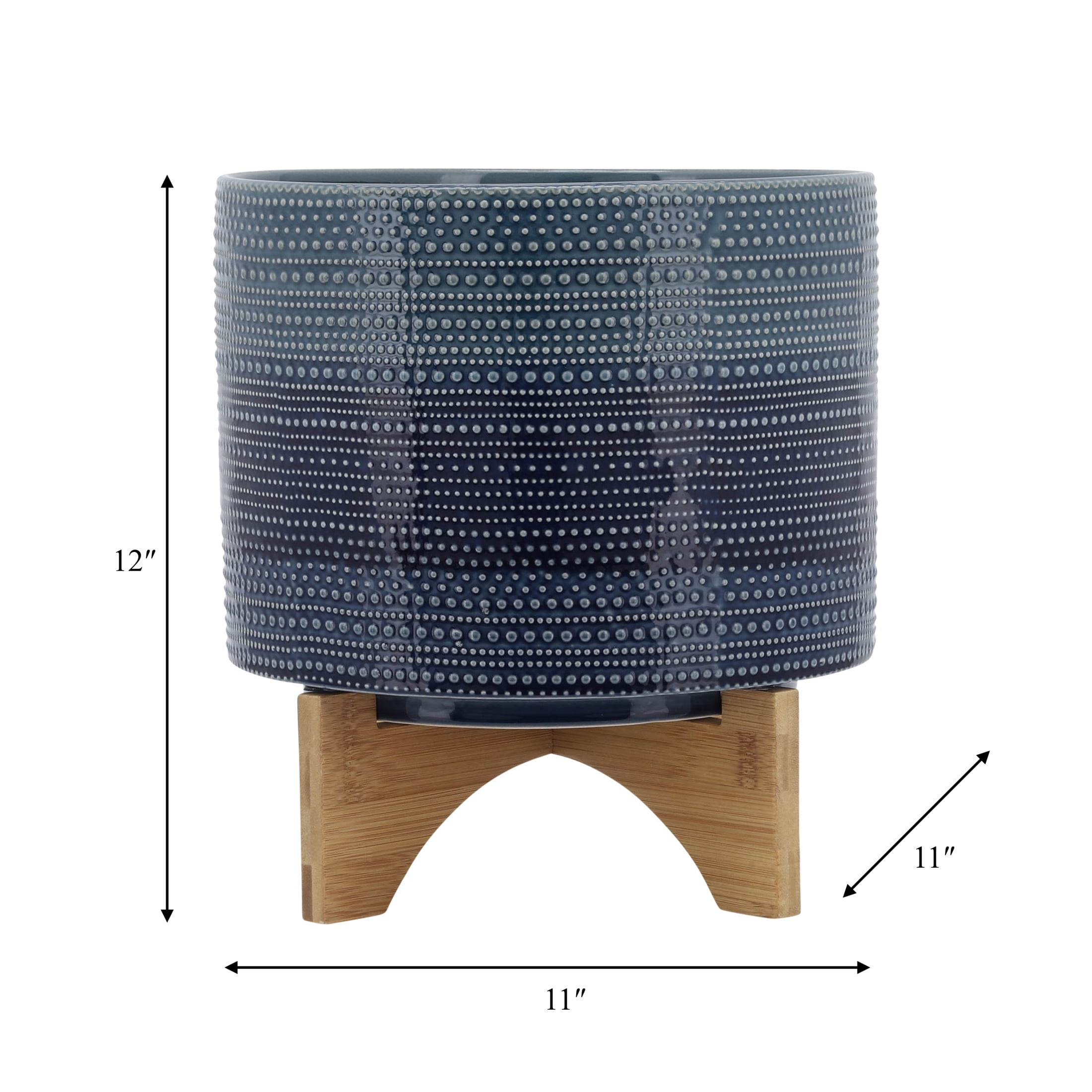 Cylindrical Dotted Flower Pots with Bamboo Stand for Home Decor - Planter for Indoor and Outdoor Plants - Decorative Plant Pots Ceramic Planter for Garden Style Spaces - 11", Blue