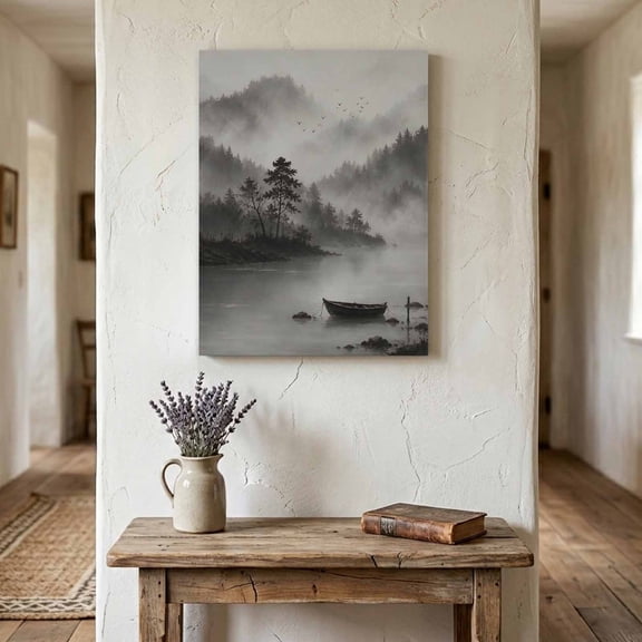 Misty Lake Landscape Canvas Wall Art for Living Room Bedroom Bathroom, Country Vintage Minimalist Gray Tree Boat Canvas Art Wall Decor, Artwork for Walls Home Office Decor, 11"x14"