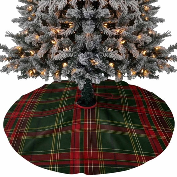 Winter Christmas Christmas Tree Skirt 48 Inch, Green Red Gold Line Plaid Rustic Gingham Retro Xmas Tree Skirt, Christmas Tree Mat Ornaments for Home New Year Party and Holiday Decor Supplies