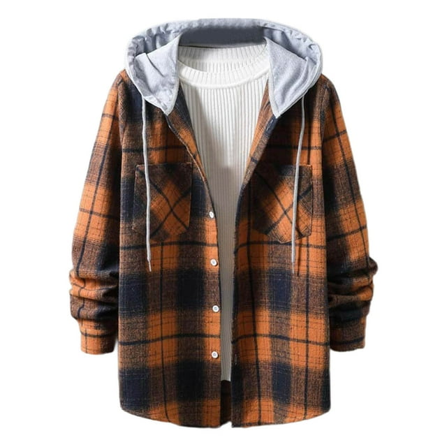Men's Oversized Plaid Flannel Shacket 2025 Fall Hooded Button Down Long Sleeve Lightweight Hoodie Jacket
