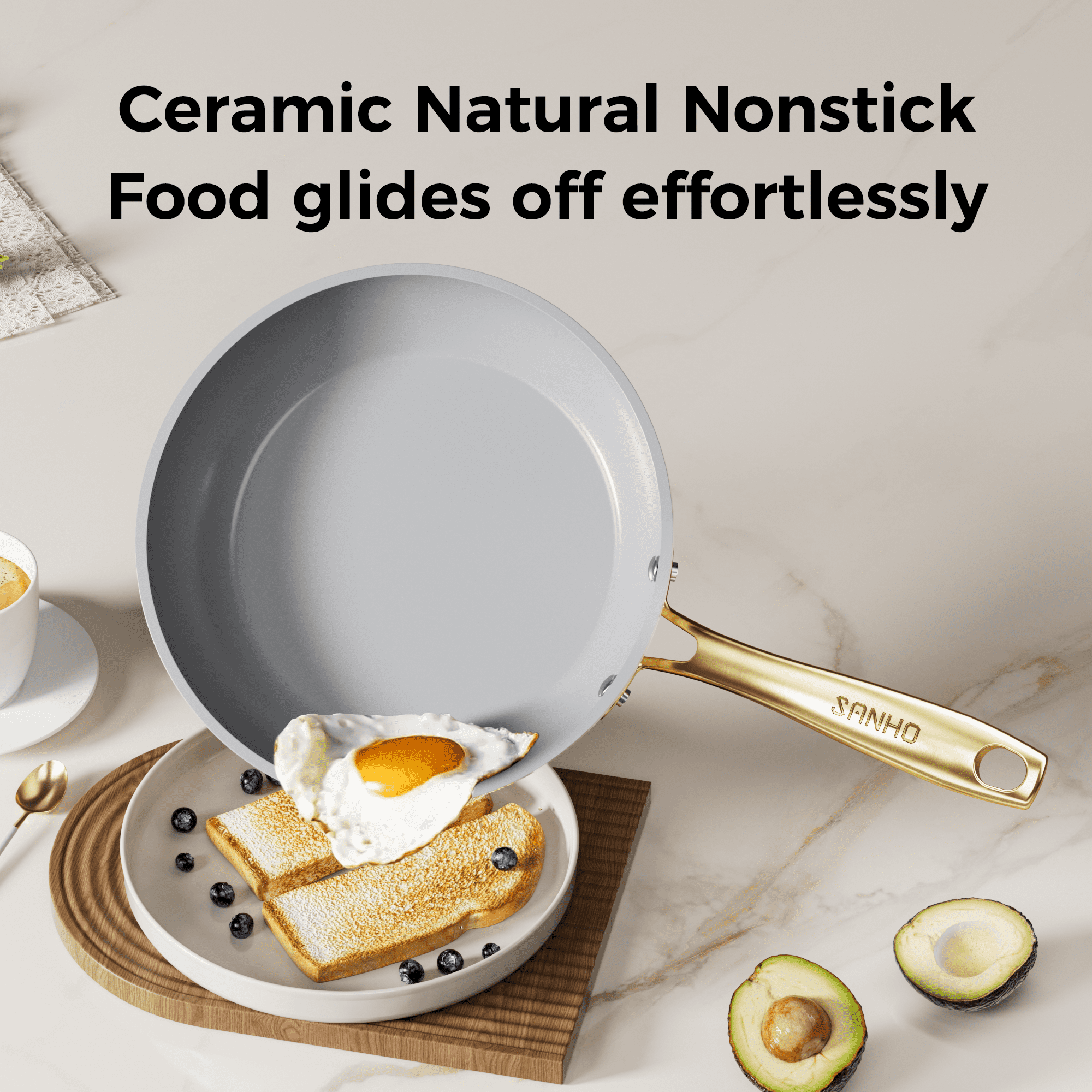 Sanho Ceramic Nonstick Fry Pan Skillet 8 inch, Diamond-Titanium Coating, Oven & Induction Safe 500°F, Non-Toxic, Dishwasher Safe
