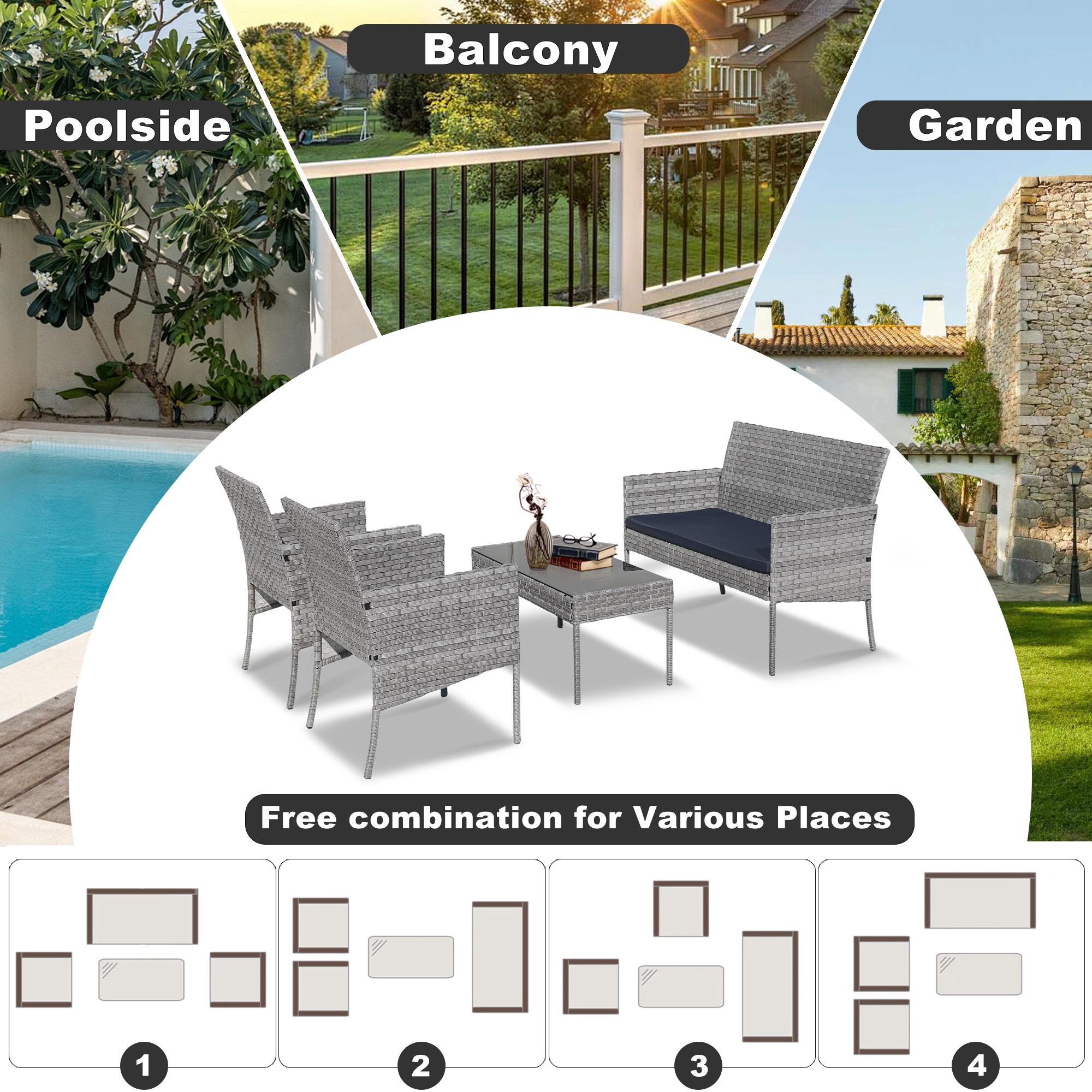 Outdoor Patio Furniture Set, Seizeen 4 Pieces Rattan Conversation Set Cushioned Sofa & Charis, Deck Garden Poolside Furniture Table Set for 4, Gray - image 4 of 11