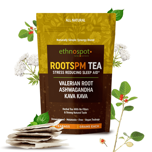 RootsPM Sleep Teabags - Herbal Blend of Valerian Root, Ashwagandha & Kava Kava, Natural Relaxation Tea for Restful Nights, Unsweetened & Vegan, 100% Natural Ingredients - 2 Gram Teabags - 32 Teabags