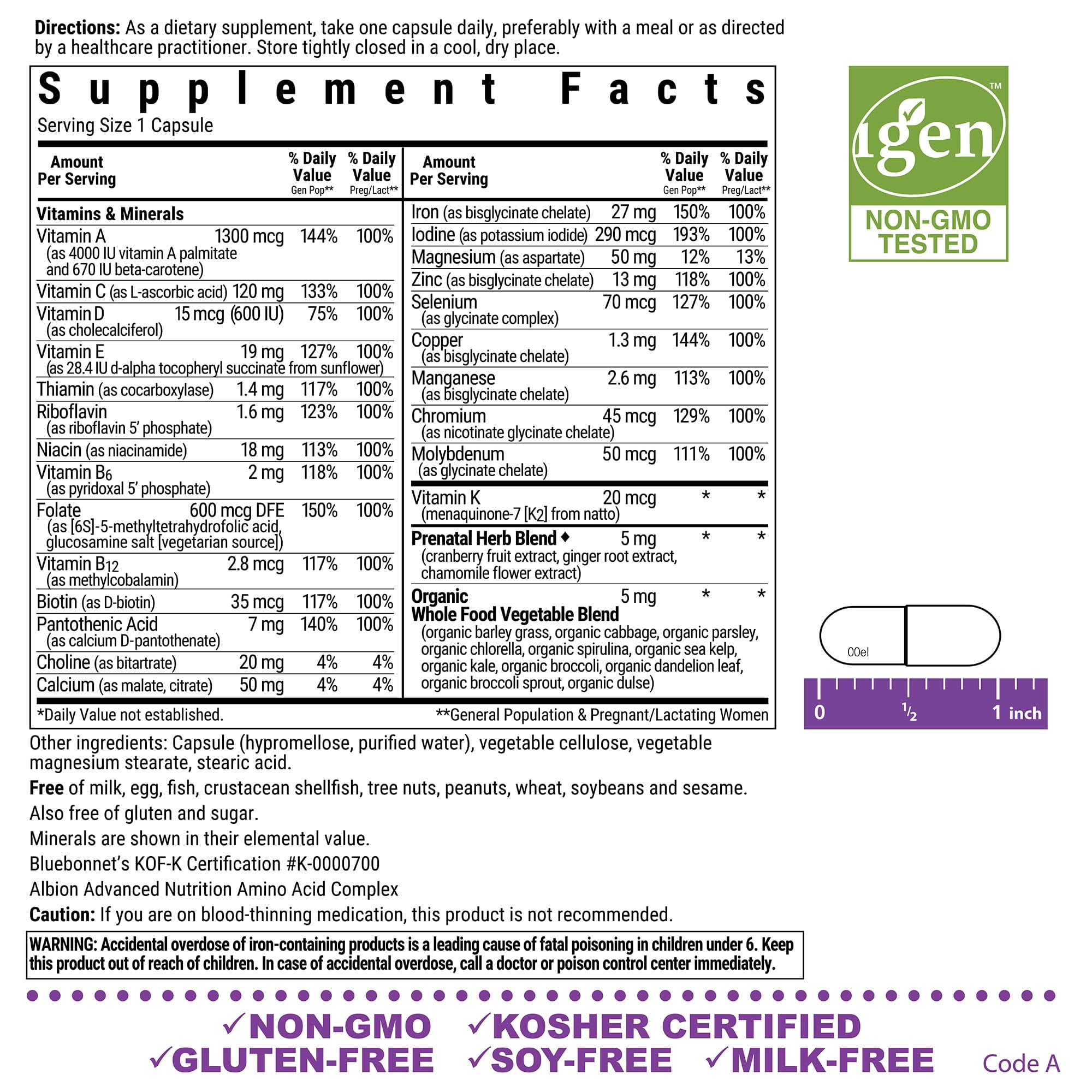 Bluebonnet Ladies’ One Prenatal Whole Food-Based Multiple* Pre & Postnatal Health* 60 Days