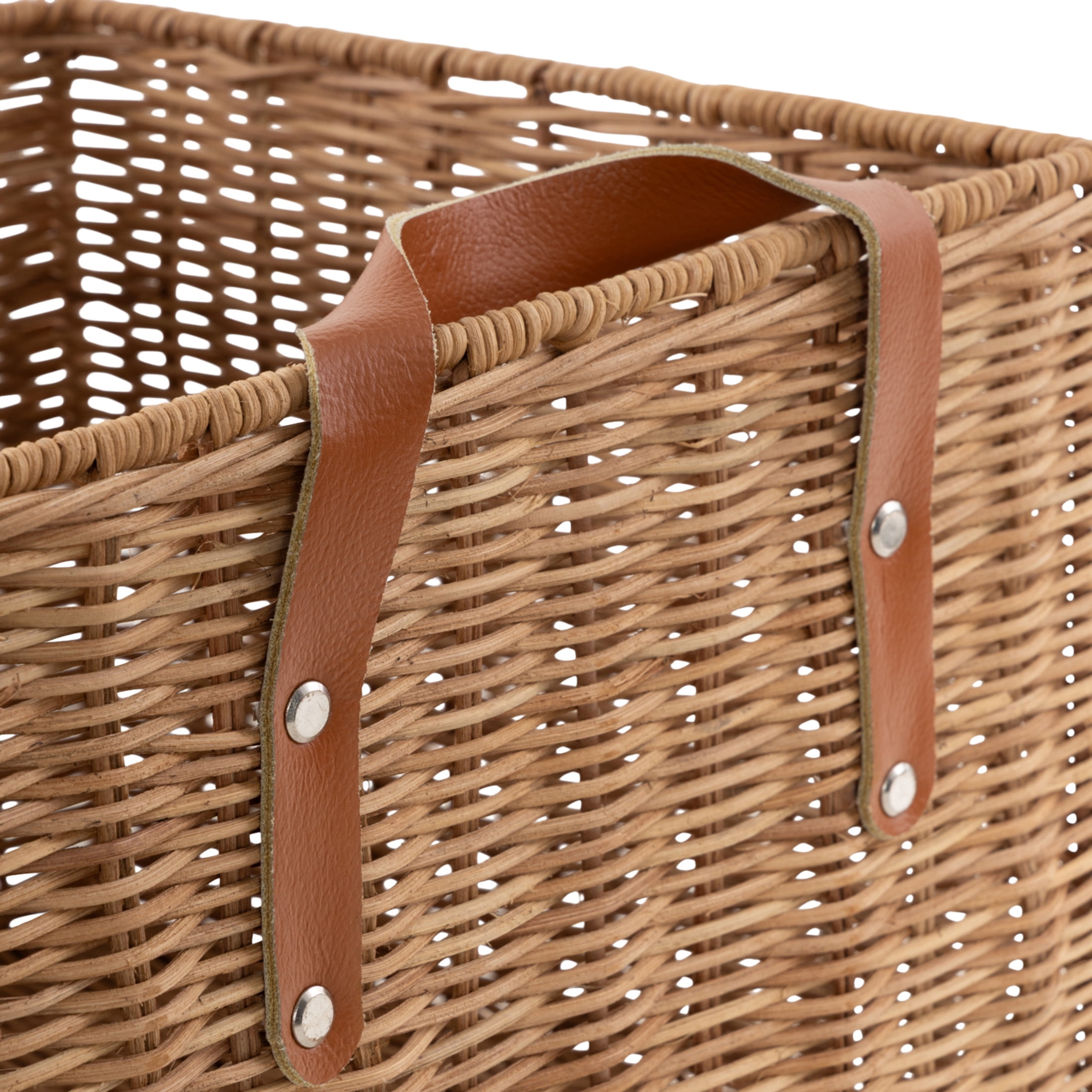 DecMode 12" x 9" Brown Rattan Handmade Woven Storage Basket with Leather Handles, 1-Piece