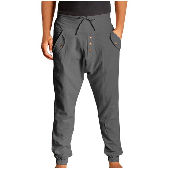 Edvintorg Men's Pants Casual Cotton Linen Double Pockets Button Elastic Waist Sweatpants High Waist Overalls Leggings On Clearance