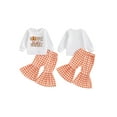 thumbnail image 2 of Toddler Baby Girl Thanksgiving Outfits 6 12 18 24 Months 2T 3T 4T Letter Turkey Print Crew Neck Long Sleeve Sweatshirts and Plaid Flare Pants 2Pcs Clothes Set, 2 of 9