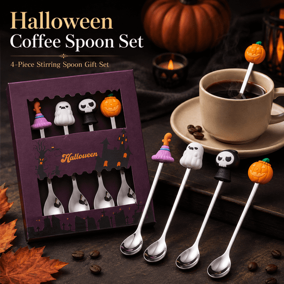 Halloween Coffee Spoons 4 Pack Ghost Pumpkin Wizard Hat Tableware Serving Utensils Stainless Steel Stirring Spoons Tea Dessert Serving Spoon for Halloween Party Kitchen