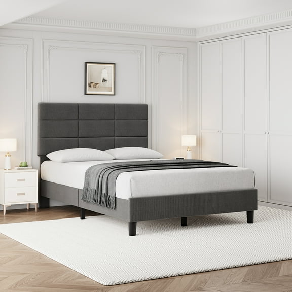 Maritcute Twin Size Linen Upholstered Platform Bed Frame with Headboard - Wooden Slat Support, No Box Spring Needed,Grey