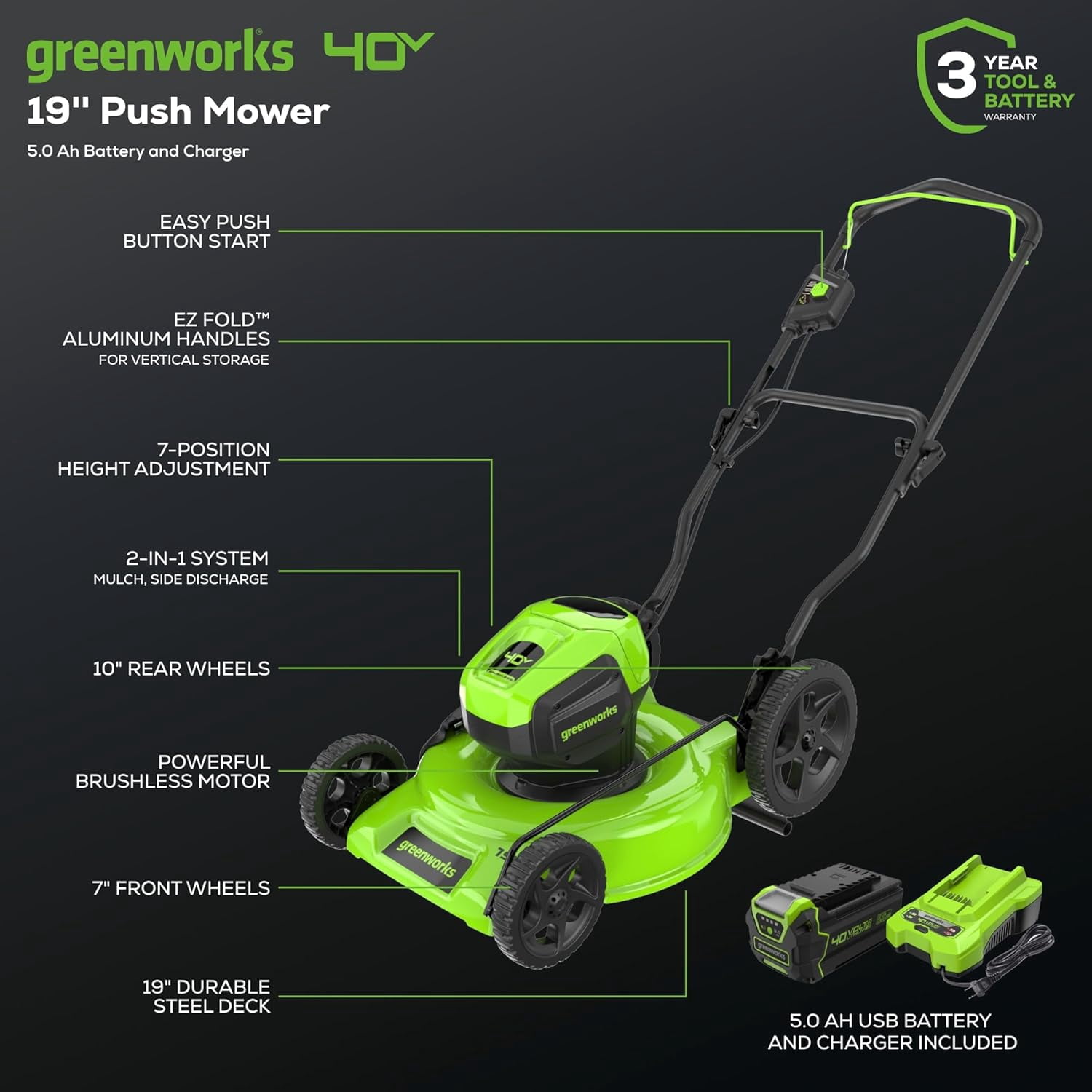 Greenworks 40V 19” BL Lawn Mower, 5.0Ah USB Battery and Charger Included