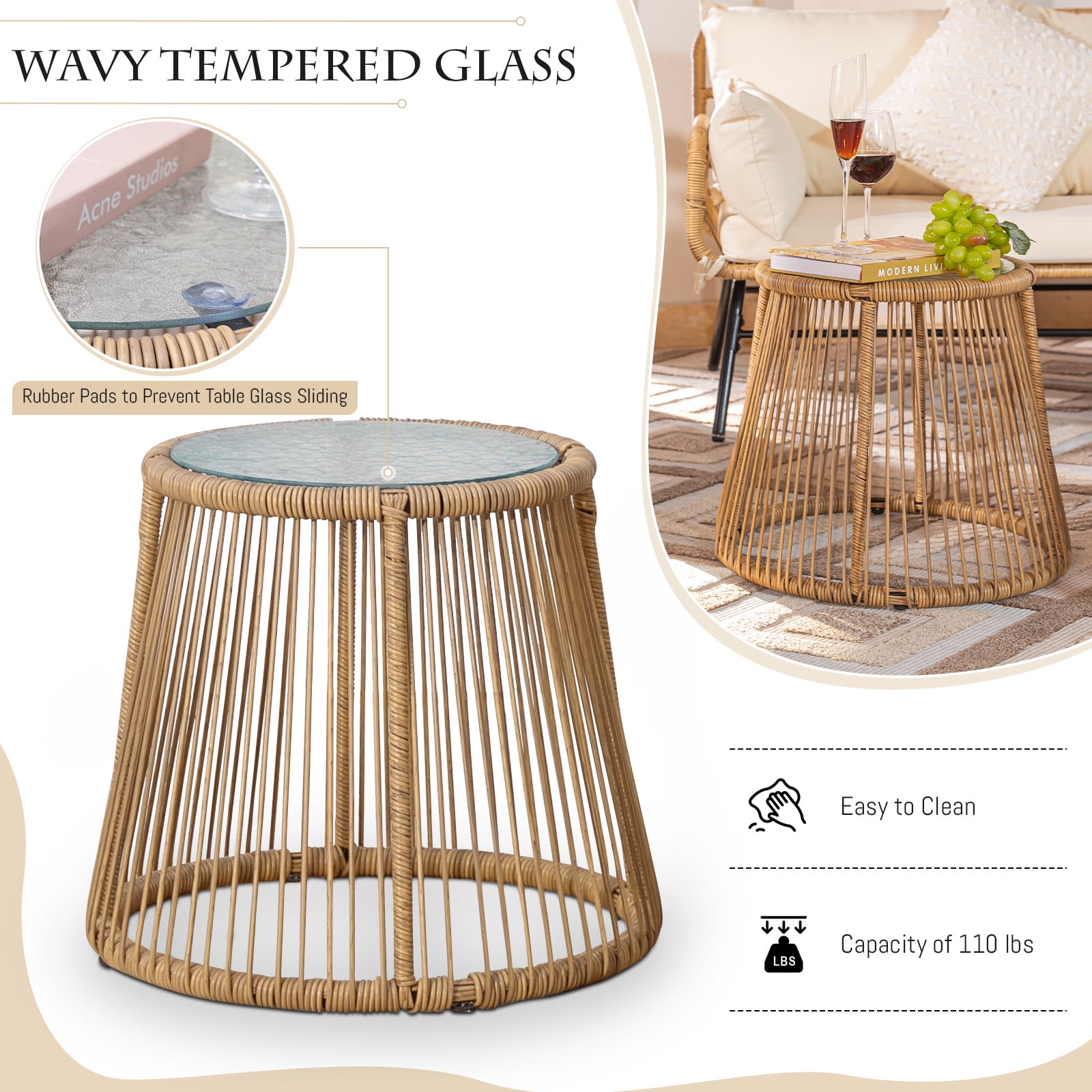 RADIATA 3-Piece Patio Boho Furniture Set with Ajustable Feet, Boho Outdoor Conversation Set with Table, Sofa Seating Set with Thick Cushion for Backyard Lawn Garden, Beige