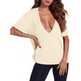 thumbnail image 3 of Summer Women Short Sleeved Top Deep V Neck T Shirt Casual Loose Basic T Shirt, 3 of 5