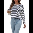 thumbnail image 3 of Camisas de Larga para Mujer, Blusas de Rayas con Bloques de Color, Ropa de Moda de Otoño, Blusas con Cuello Redondo Azul Marino L, 3 of 8