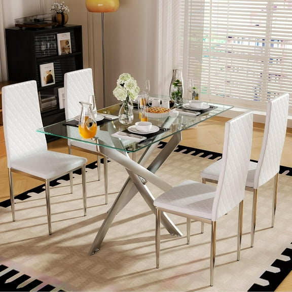 Glass Dining Table Set for 4, 5 Piece Dining Table Set with 4 White Leather Kitchen Chairs, 47.24" Rectangle Dinner Table Set for Dining Room, Kitchen(Silver Table   4 White Chairs)