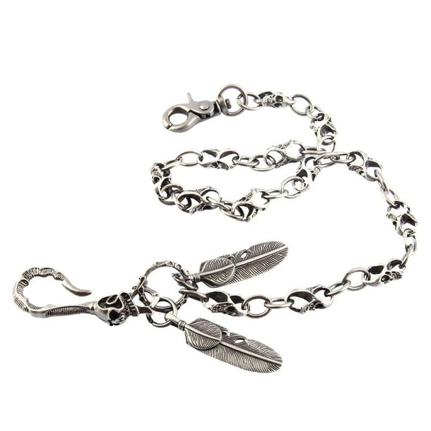 Llavero largo de metal con diseño de calavera pesada para hombre, estilo motero, camionero, de 24 pulgadas Plata antigua