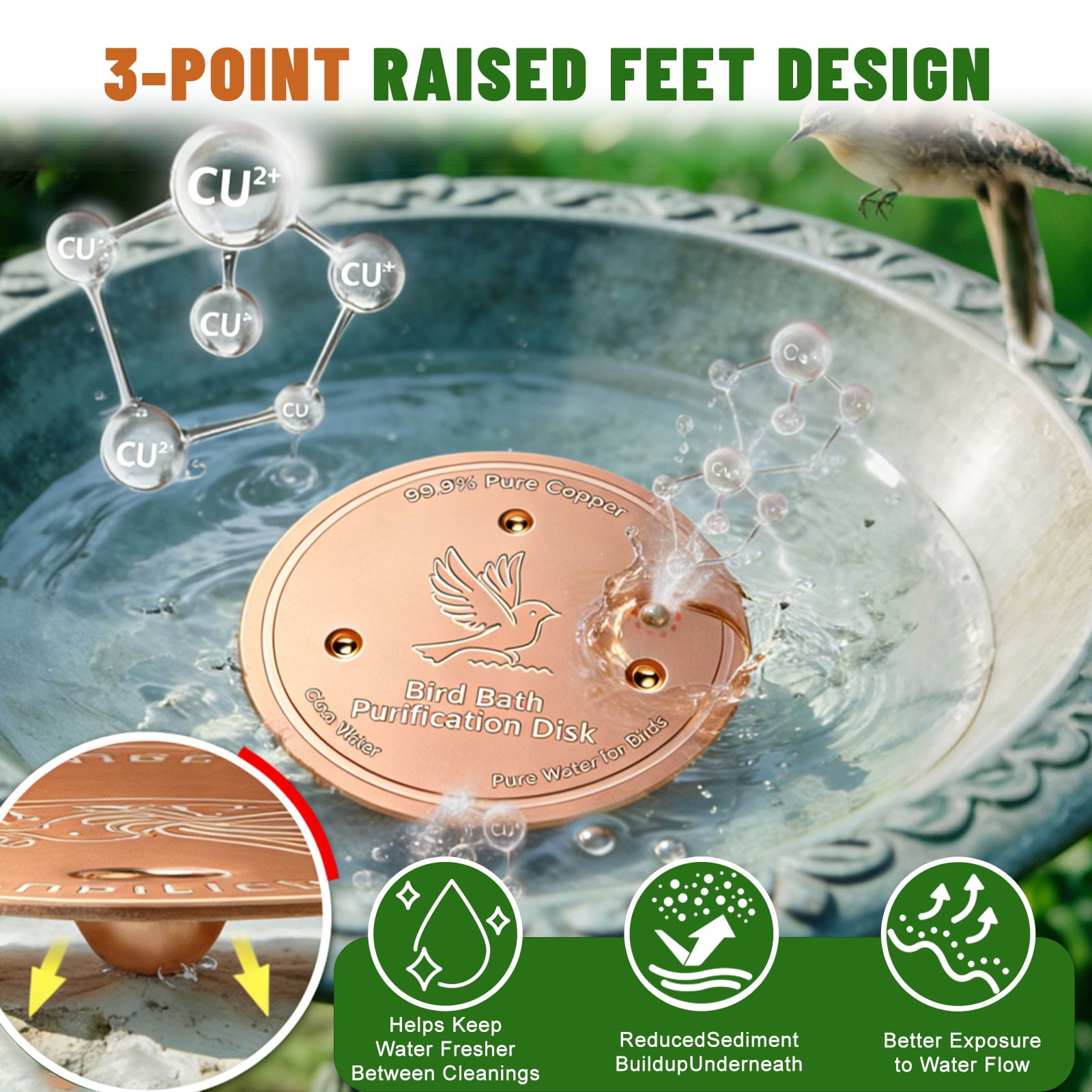Bird Bath Copper Disk, 0.6mm Reinforced 99.99% Pure Copper Cleaning Disk with Triple-Point Support for Physical Safe Clean Water All-Season, Universal Fit for Outdoor Birdbaths, Bowl, Bird Bath Solar