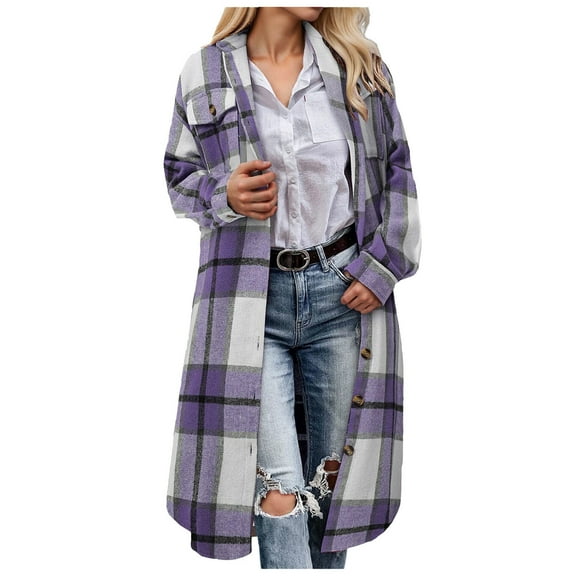 felwors Womens Plaid Shacket Jacket Long Corduroy Shirt Casual Lapel Button Down Flannel Trench Coats Purple, S