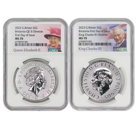 Great Britain Set of 2 2023 1oz Silver Britannia Queen & King Coins NGC MS70 First Day of Issue