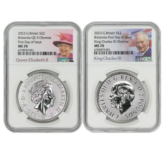 Great Britain Set of 2 2023 1oz Silver Britannia Queen & King Coins NGC MS70 First Day of Issue