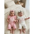 thumbnail image 4 of BemeyourBBs Newborn Baby Girls Little Sister Outfit Waffle Knit Ruffle Romper Little Sis Letter Embroidery 3D Floral Short Sleeve Infant Bodysuit Jumpsuit Headband Cute Baby Girl Summer Clothes, 4 of 9